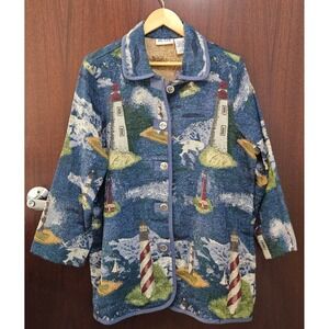 Blair Vintage Tapestry Jacket Lighthouse Nautical‎ Coastal Button Womens Large